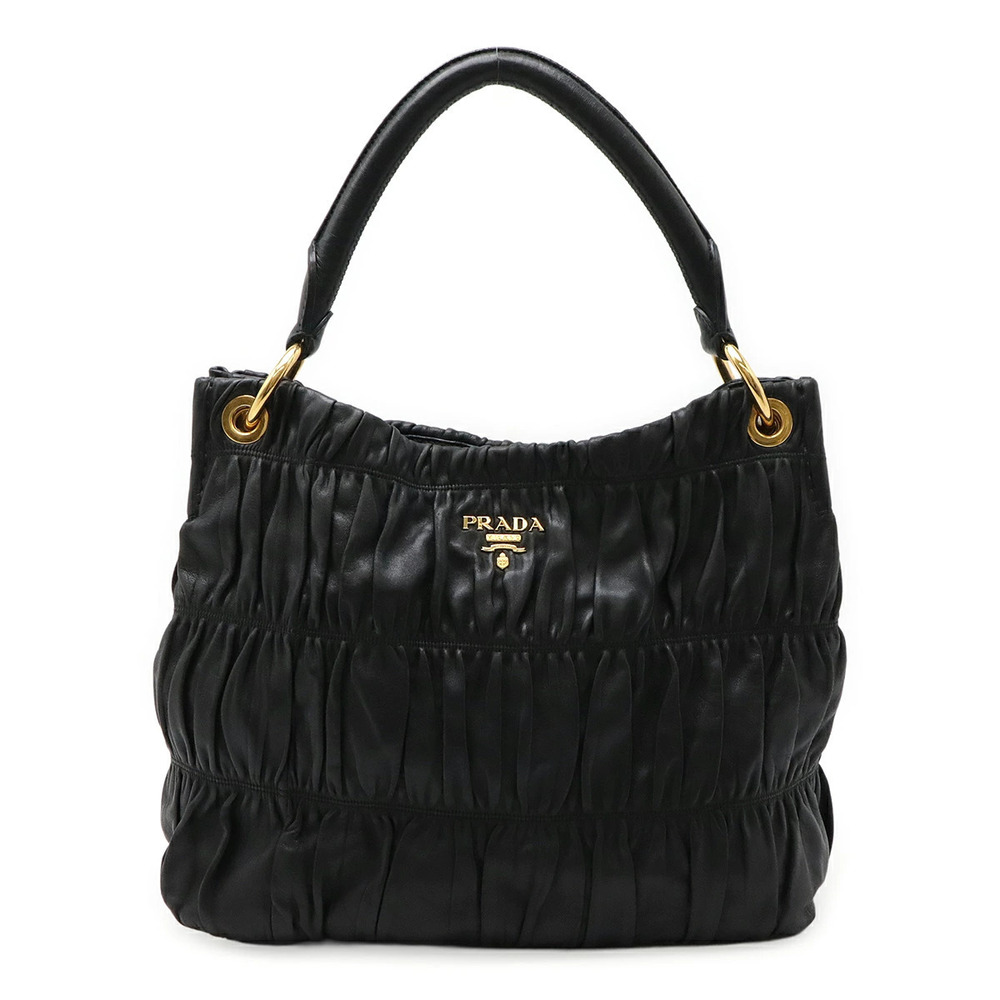 Prada Nappa Gaufre Gathered Shoulder Bag Hobo Leather NERO Black